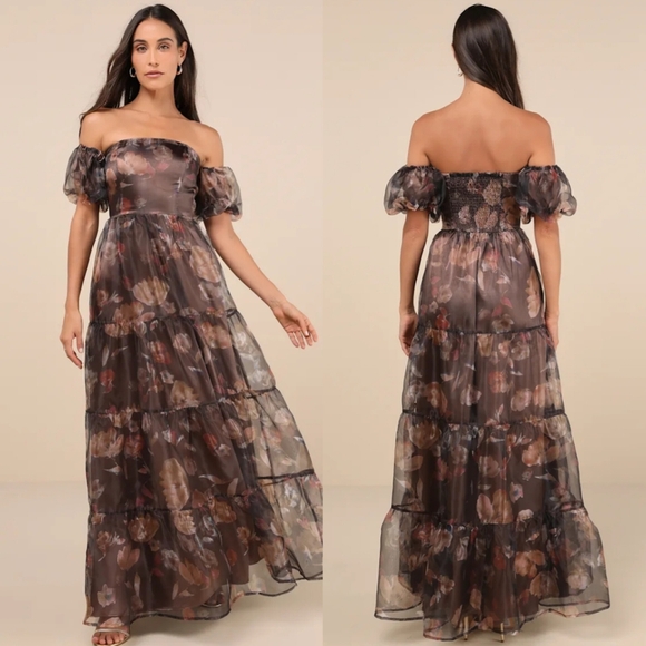 Lulus Exquisite Finesse Brown Floral Organza Maxi Dress With Pockets Wedding - Picture 1 of 11